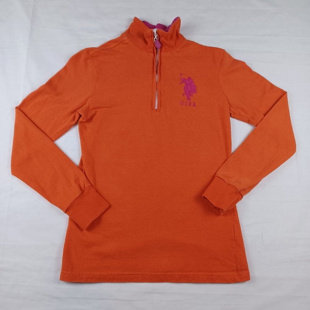 U.S. Polo Assn YOUTH Girls Size M 1/4 Zip Orange Pink Collared Big Pony Pullover